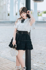 Black/White [Snow Velvet Bunny] Short Sleeves Double-Layered Ruffled Bow Lace Plus Size Japanese Sailor Collar Two-piece Set - Product - 5