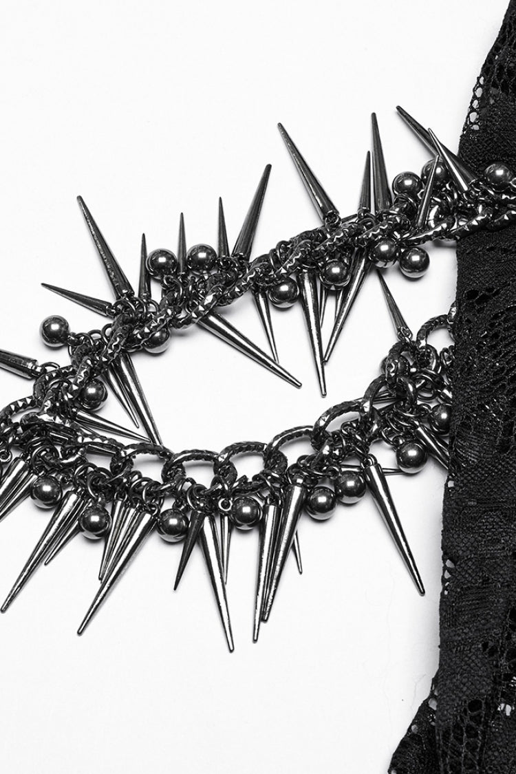 Black Embroidery Split Lace Women's Gothic Skirt with Studded Chain - Product - 7