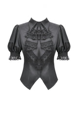 Black Point Lapel Collar Short Puff Sleeves Women's Gothic Blouse with Removable Rosette Cravat - Product - 3