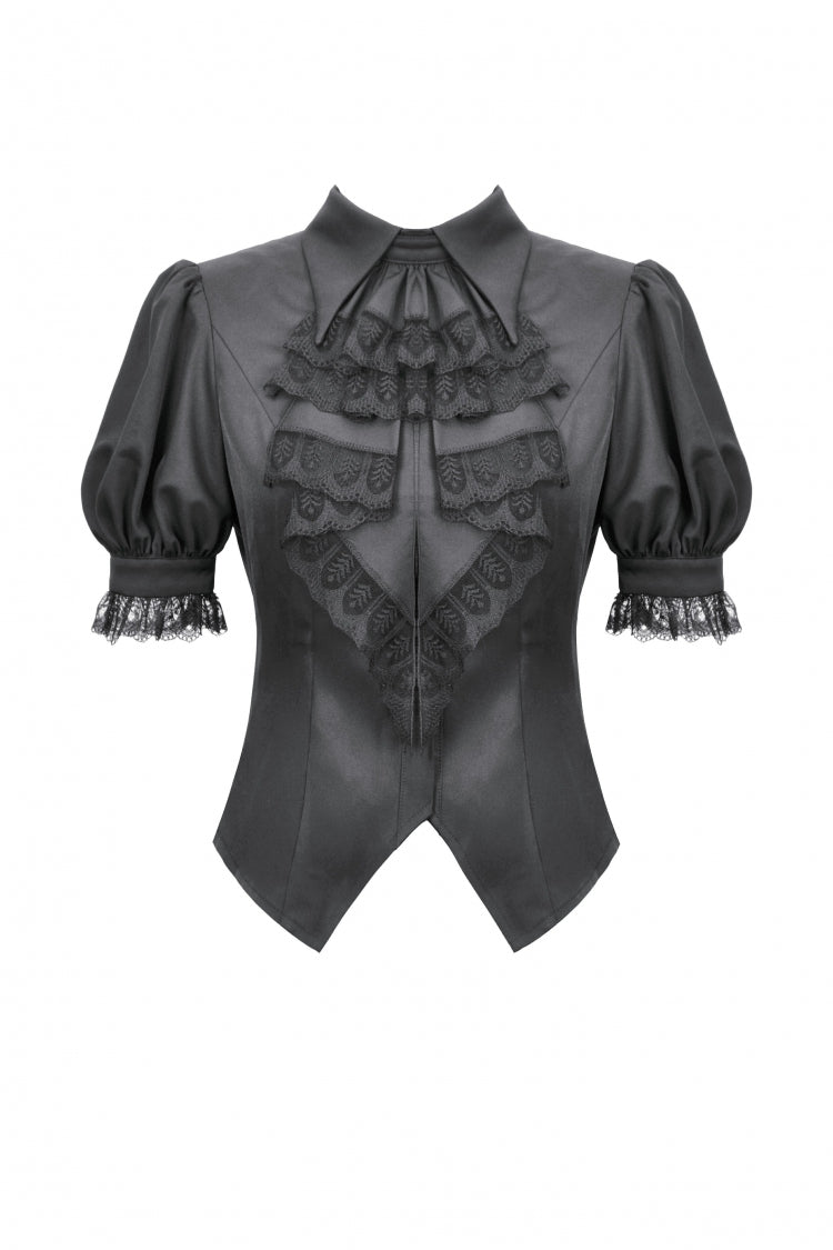 Black Point Lapel Collar Short Puff Sleeves Women's Gothic Blouse with Removable Rosette Cravat - Product - 3