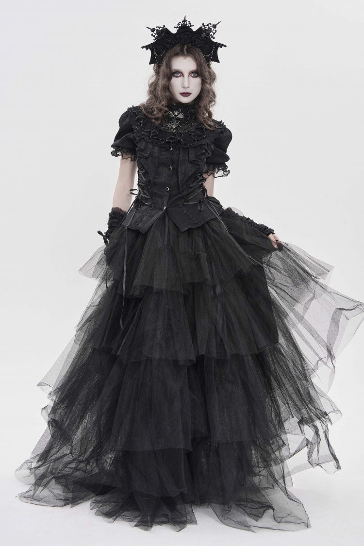 Black Stand Collar Short Sleeves Embroidered Lace Lace-Up Slim Pleated Women's Gothic Palace Blouse - Product - 6