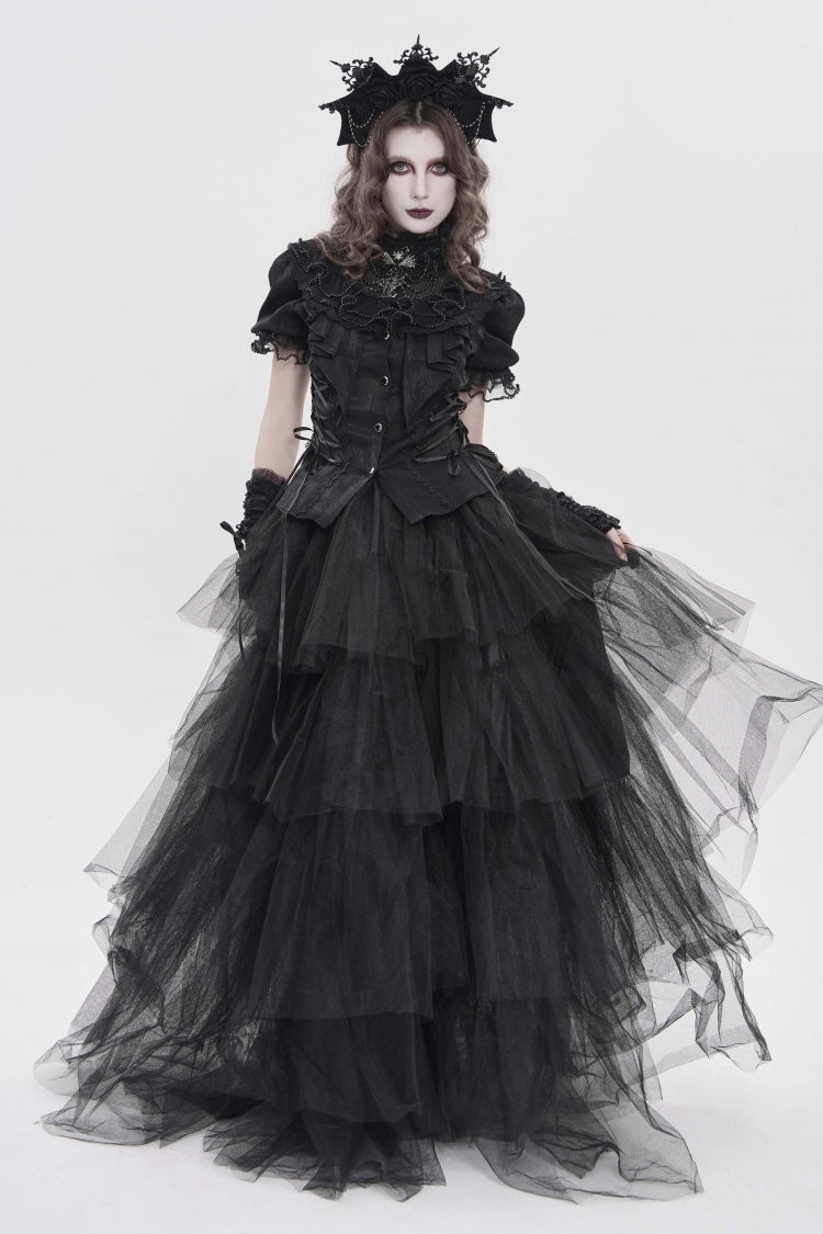 Black Stand Collar Short Sleeves Embroidered Lace Lace-Up Slim Pleated Women's Gothic Palace Blouse - Product - 6