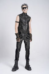 Black Stand Collar Sleeveless Strappy Stitching Zipper Men's Gothic Vest - Product - 11