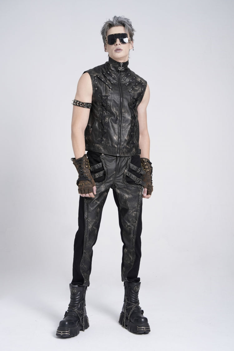 Black Stand Collar Sleeveless Strappy Stitching Zipper Men's Gothic Vest - Product - 11
