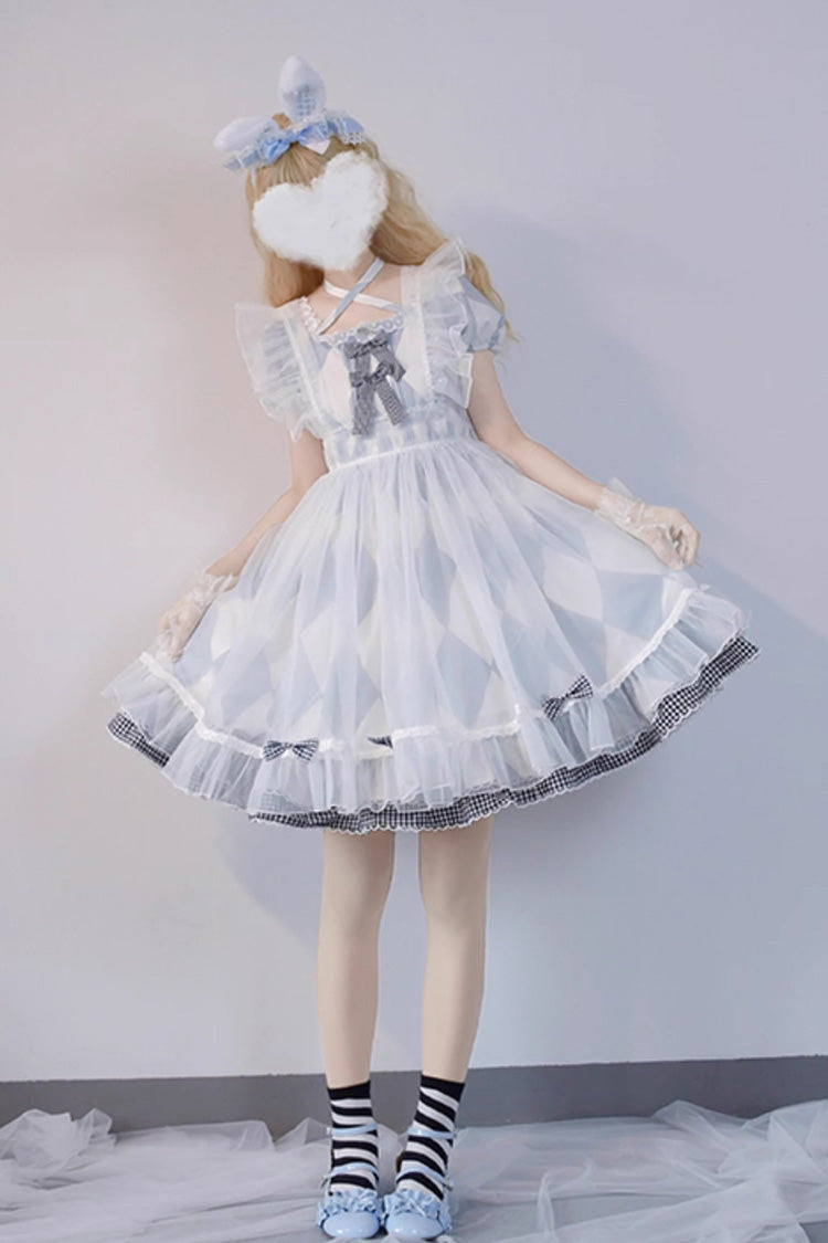 White/Blue Short Sleeves Diamond Plaid Print Bowknot Alice Sweet Lolita Dress - Product - 2