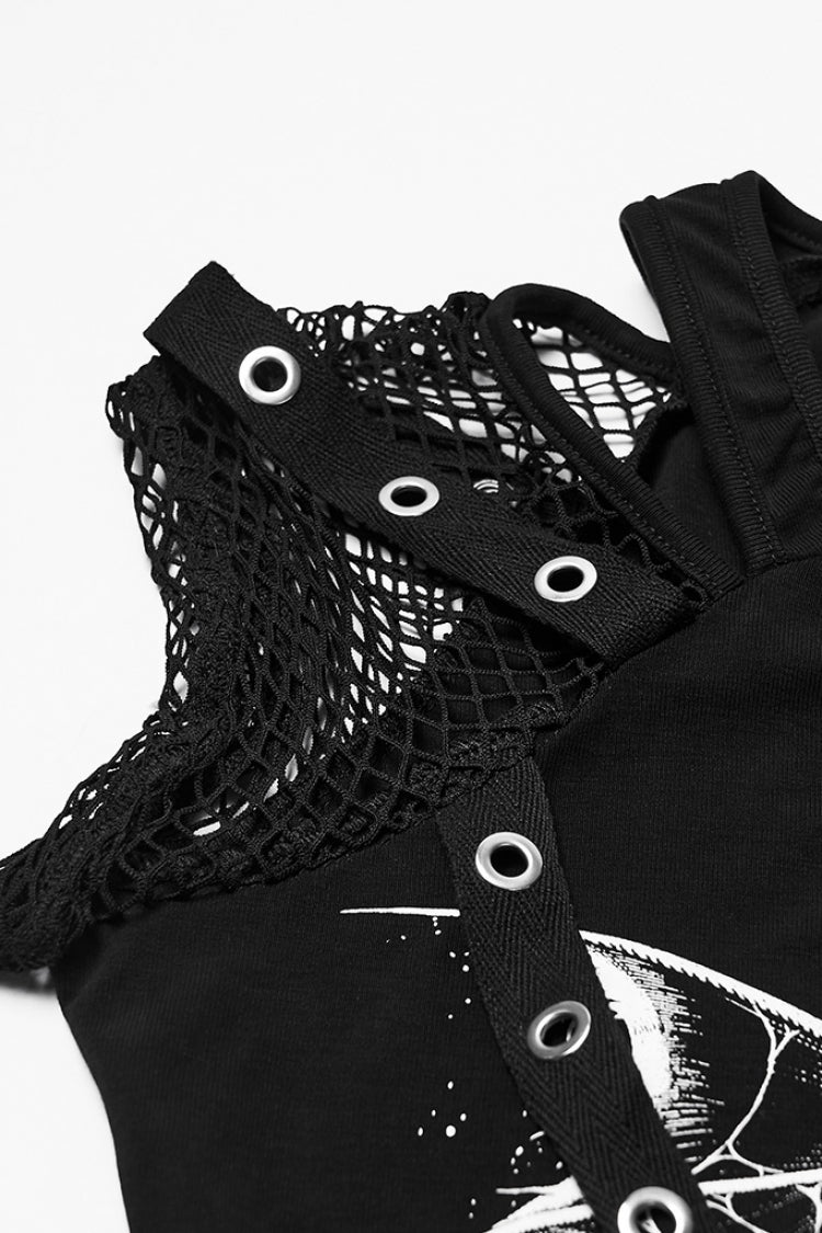 Black Short Sleeves Printed Spliced Mesh Strappy Eyelet Women's Punk T-Shirt - Product - 5
