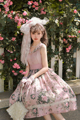 Pink Elegant Vintage French Rose Floral Print V Collar Sleeveless Ruffled Classic Lolita JSK Dress - Product - 4