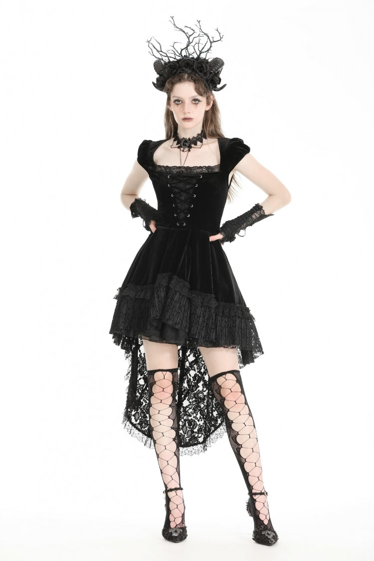 Black Square Collar Cap Sleeves Lace-Up High/Low Lace Ruffled Women's Gothic Princess Velvet Dress - Product - 10