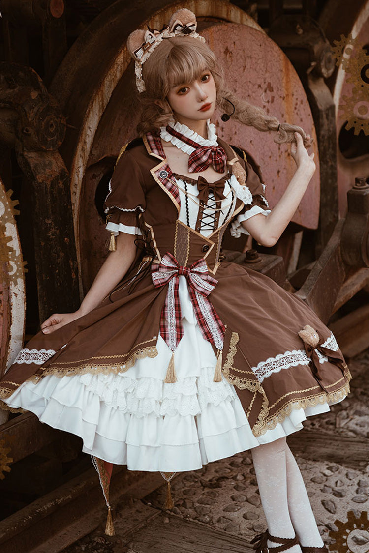 White/Brown Bear Detective Short Sleeves Ruffle Cardigan Bowknot Gothic Punk Lolita Dress - Product - 2