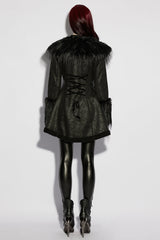 Black Plush Lapel Collar Long Sleeves Buckle Straps Women's Gothic Coat - Product - 3