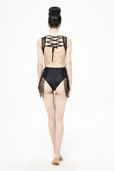 Back Lace Stitching Cross Strap Lace Up Gothic One Piece Swimsuit - Product - 11