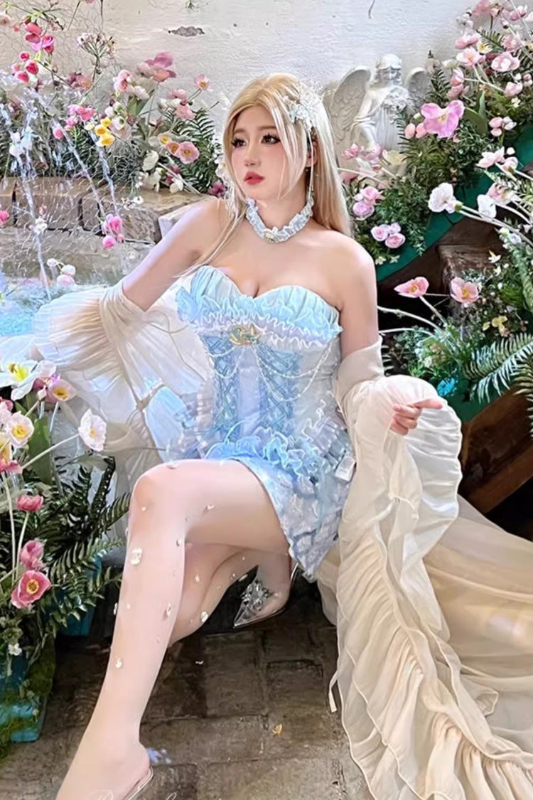 Blue [Mermaid's Tears] Island Romance Print Embroidery Lace Sweet Lolita Skirt Set - Product - 4