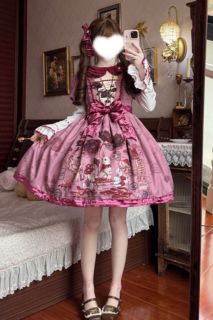 Red Short Sleeves Rabbit Sunflower Print Ruffle Embroidery Bowknot Sweet (Set) detail view 5