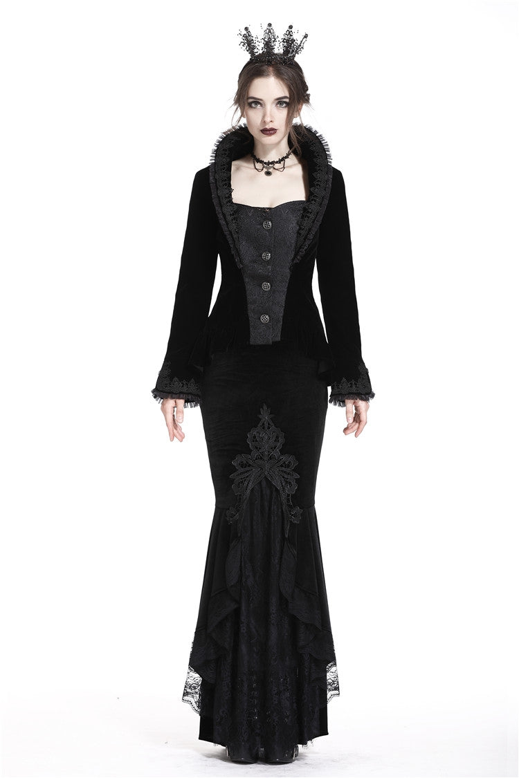 Black Velour Lace Spliced Women's Gothic Mermaid Maxi Skirt - Product - 5