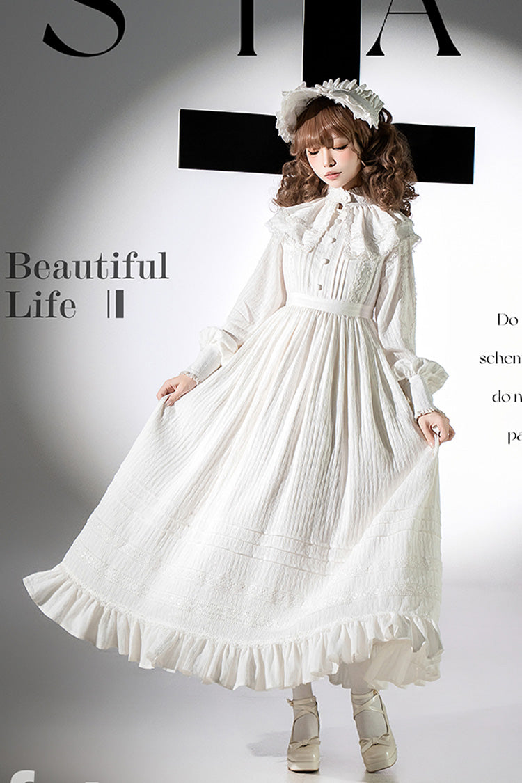 White [Quiet Place] Long Sleeves Jacquard Ruffle Embroidery Bowknot Gothic Lolita Dress - Product - 5
