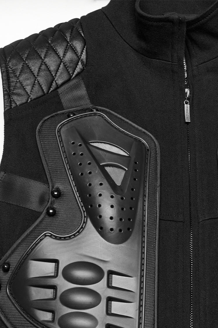 Black Stand Collar Armour Stitching Men's Punk Vest - Product - 6