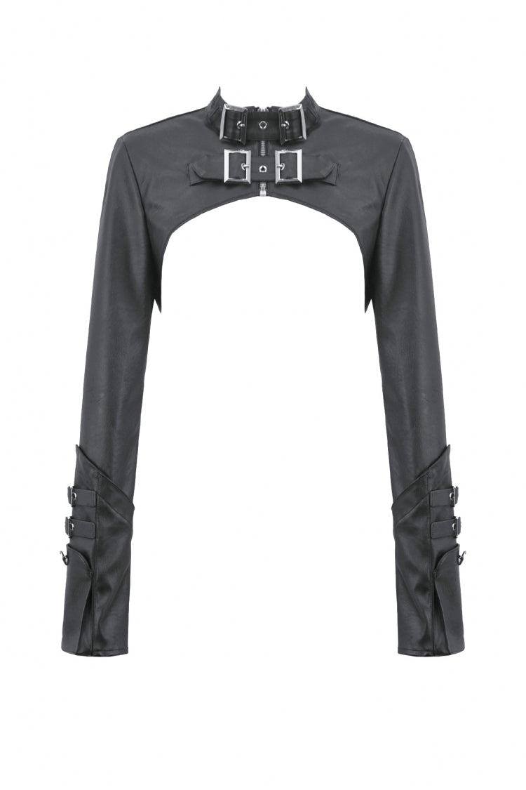 Black PU Leather Long Sleeves Buckled Strap Zippered Women's Punk Shrug - Product - 3