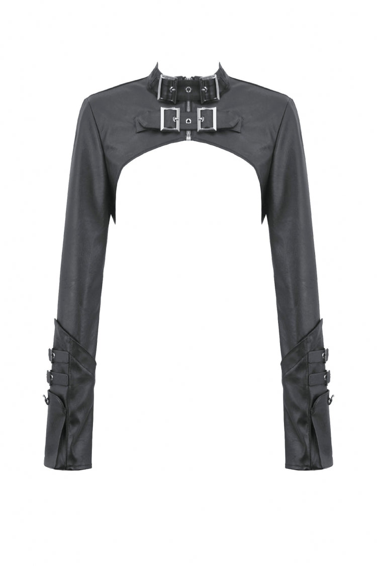 Black PU Leather Long Sleeves Buckled Strap Zippered Women's Punk Shrug - Product - 3