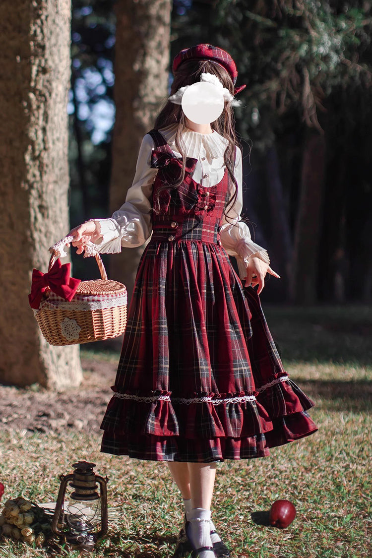Red [Little Red Riding Hood] Double-Layered Plaid Print Ruffle Bowknot Sweet Vintage Lolita Jumper Dress - Product - 8