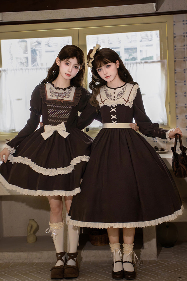 Brown [Miss Brown] Long Sleeves Ruffle Bouquet Embroidery Sweet Lolita Dress (Long Version) - Brown - 1