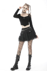 Black Long Sleeves Irregular Strappy Bat Women's Punk Crop Top - Product - 11