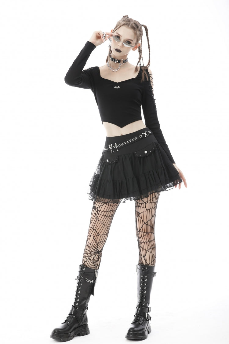 Black Long Sleeves Irregular Strappy Bat Women's Punk Crop Top - Product - 11