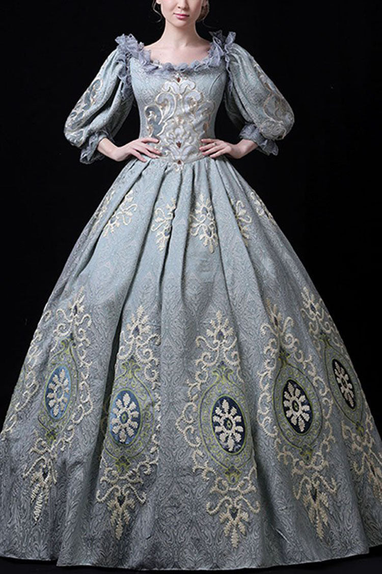 Blue Boat Neck Half Sleeves High Waisted Hollow Embroidery Floral Print Victorian Lolita Prom Dress - Blue - 1
