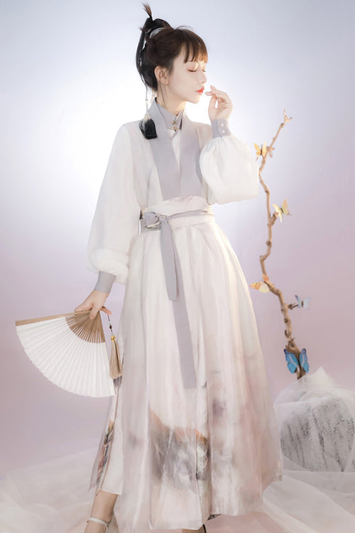 Beige Original Chinese Style Elegant Ink Printing Classic Lolita Hanfu Dress Full Set - Product - 3