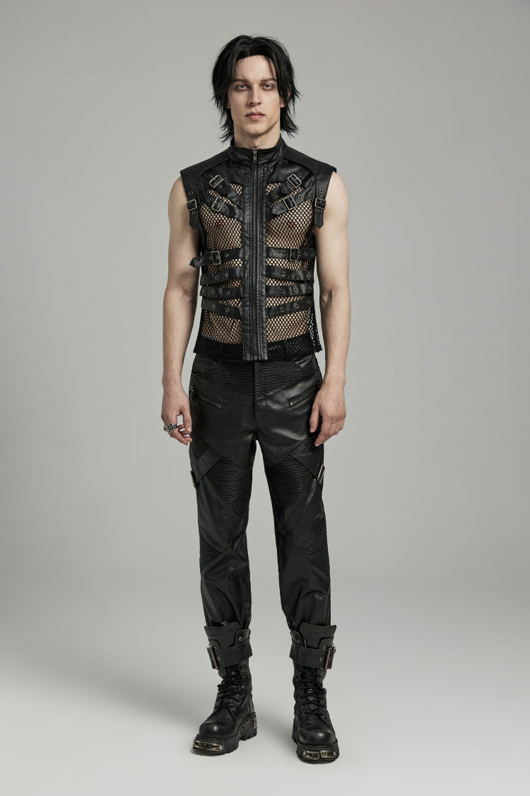 Black Multi-buckles Hollow Mesh Faux Leather Men's Punk Vest - Product - 5