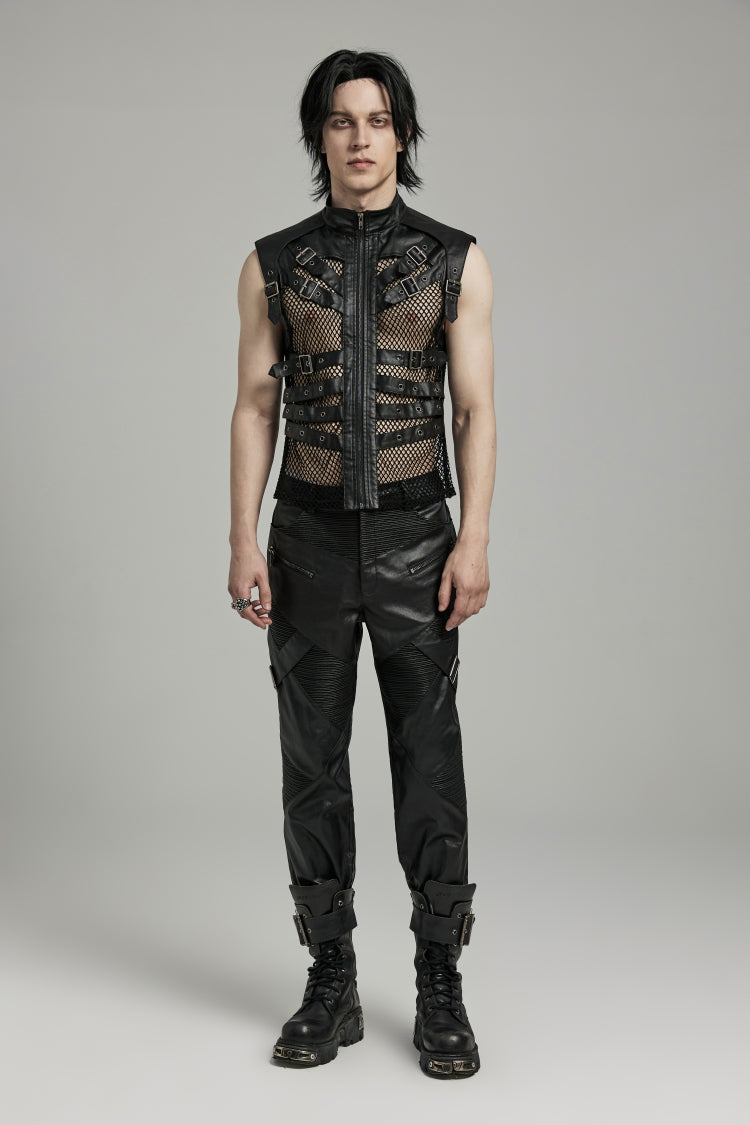 Black Multi-buckles Hollow Mesh Faux Leather Men's Punk Vest - Product - 5