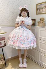 Blue [Cute Rabbit Sweet Cake] Print Ruffle Bowknot Lace Sweet Lolita Jsk Dress - Product - 8