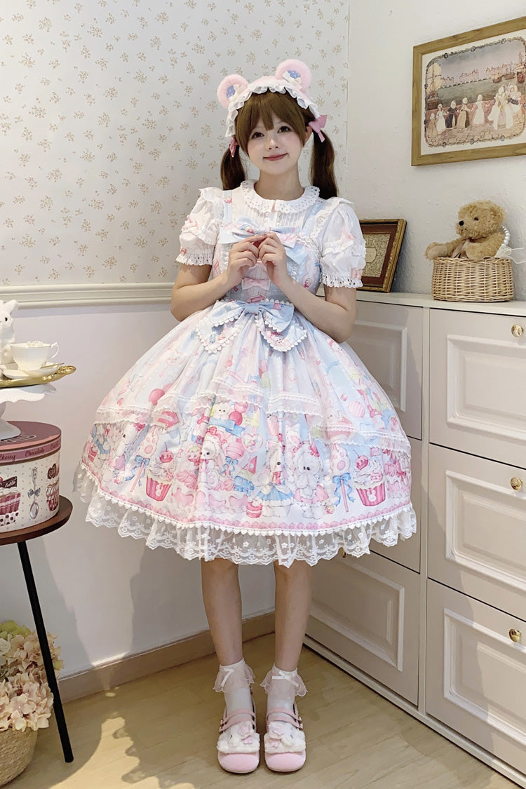 Blue [Cute Rabbit Sweet Cake] Print Ruffle Bowknot Lace Sweet Lolita Jsk Dress - Product - 8