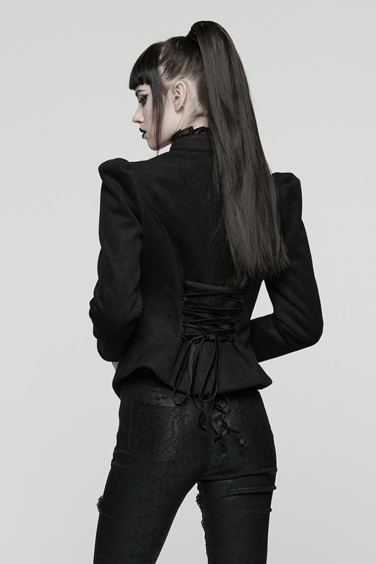 Black Stand Collar Long Sleeves Embroidered Lace-Up Zippered Women's Gothic Jacket - Product - 3