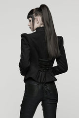 Black Stand Collar Long Sleeves Embroidered Lace-Up Zippered Women's Gothic Jacket - Product - 3