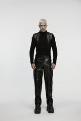 Black Zippered Eyelet Men's Punk Faux Leather Pants - Black - 1