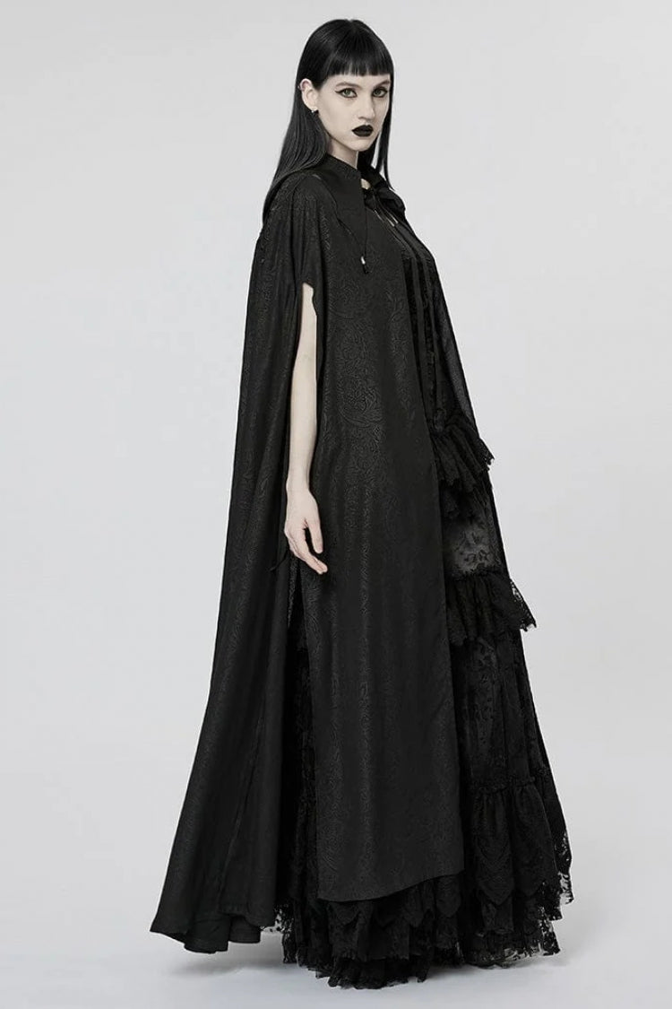 Black Mesh Lapel Collar Lace Jacquard Womens Gothic Cloak - Product - 3