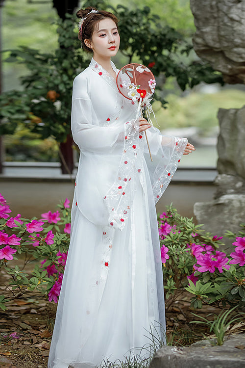 White New Safflower Embroidery Ancient Costume Sweet Hanfu Dress - Product - 3
