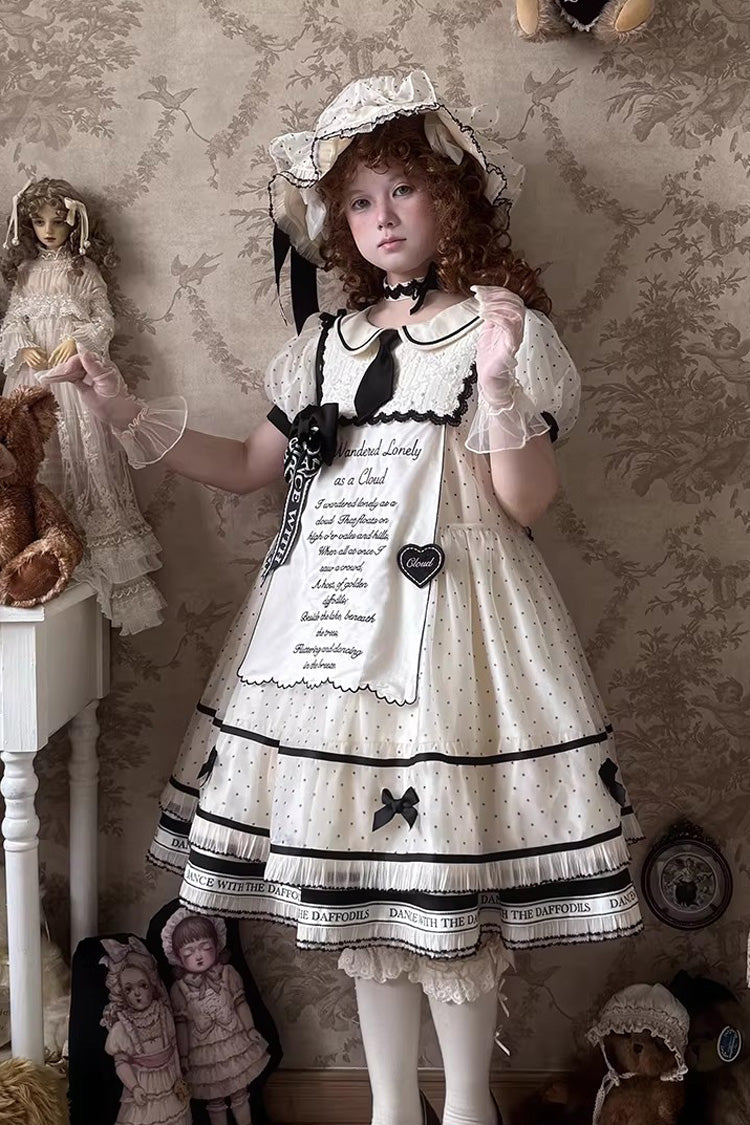 Beige [William Wordsworth’s Lyric Poetry] Doll Collar Polka Dots Printed Lace Sweet Princess Lolita Dress - Product - 4