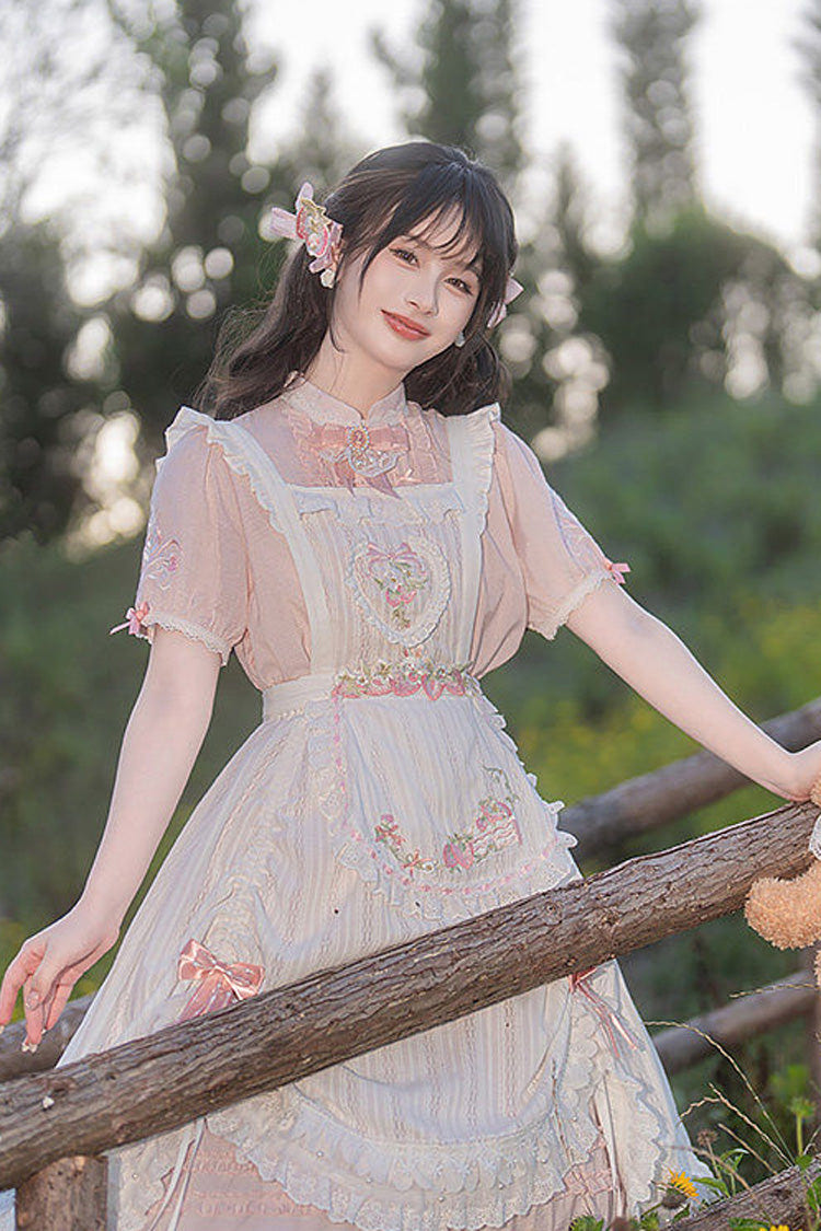 Pink Stand Collar Short Sleeves Ruffled Embroidered Lace Sweet Chinese Inspired Lolita Dress - Product - 2