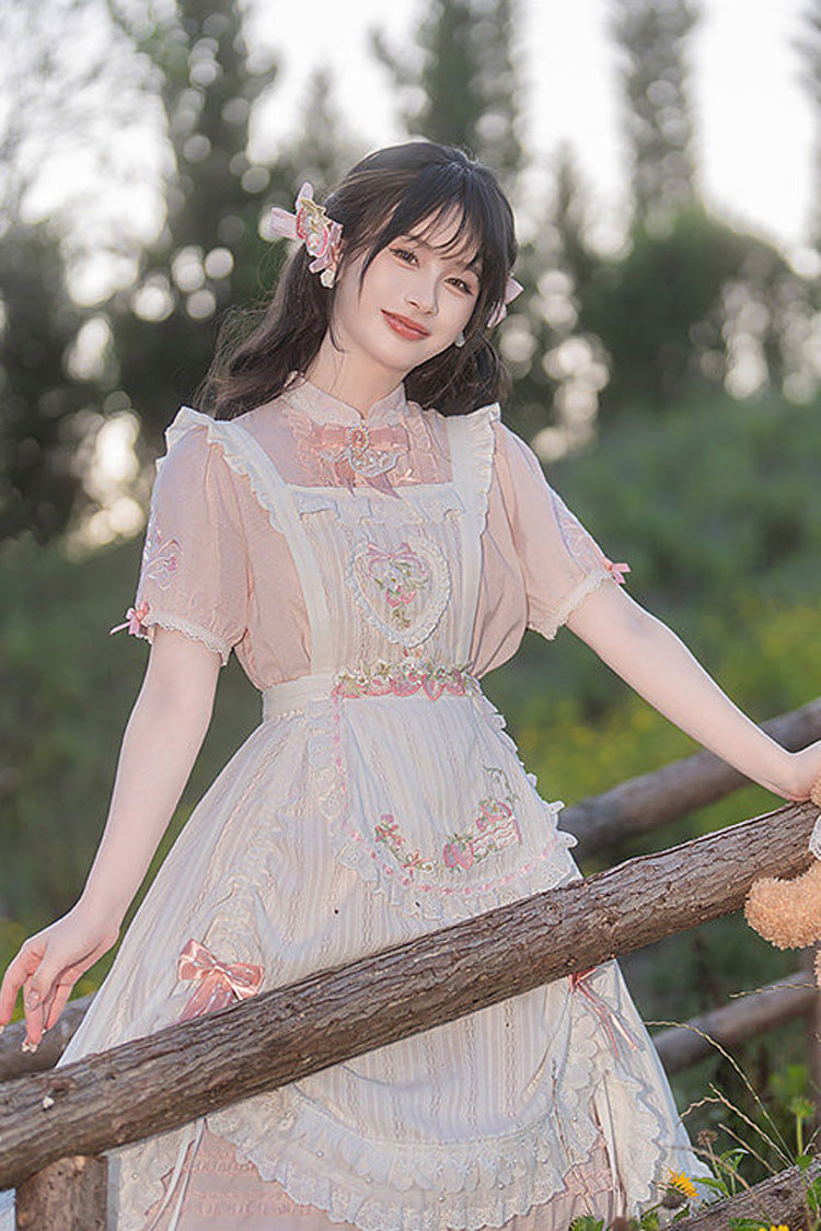Pink Stand Collar Short Sleeves Ruffled Embroidered Lace Sweet Chinese Inspired Lolita Dress - Product - 2