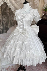 White/Pink [Snow of Love] Ruffled Hanayome Open-Front Bow Lace Sweet Princess Lolita Dress - White - 7