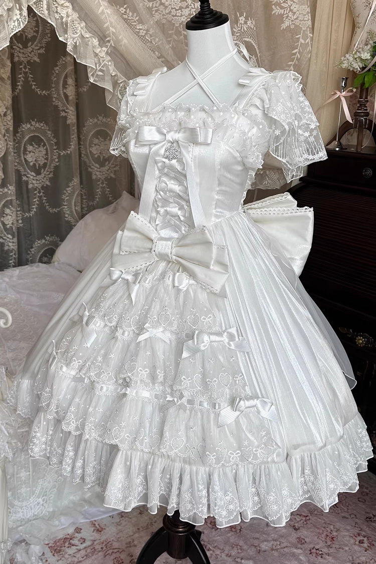 White/Pink [Snow of Love] Ruffled Hanayome Open-Front Bow Lace Sweet Princess Lolita Dress - White - 7