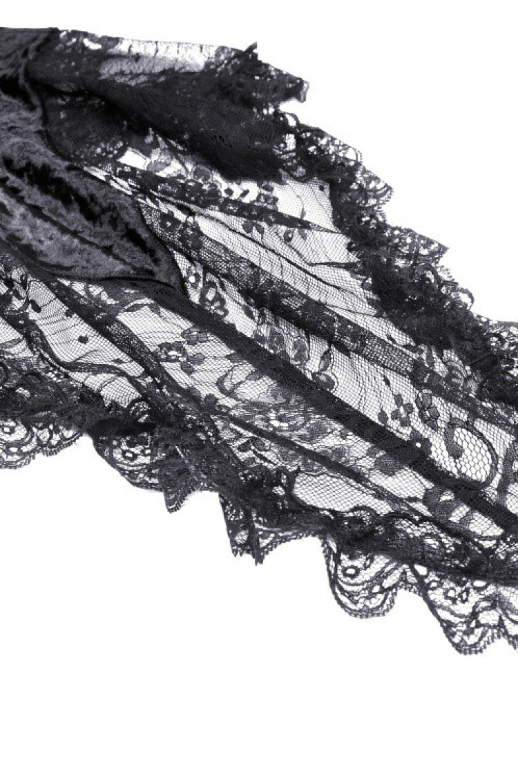 Black Irregular Long Trumpet Sleeves Lace Spliced Women's Gothic Velvet Graduation Dress - Product - 16