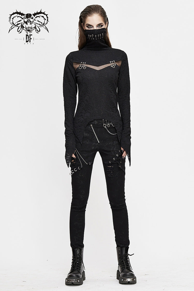 Black Turtleneck Chest Splice Fine Mesh Pin Decoration Sharp Angle Hem Women's Punk Shirt - Product - 4