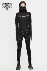 Black Turtleneck Chest Splice Fine Mesh Pin Decoration Sharp Angle Hem Women's Punk Shirt - Product - 4