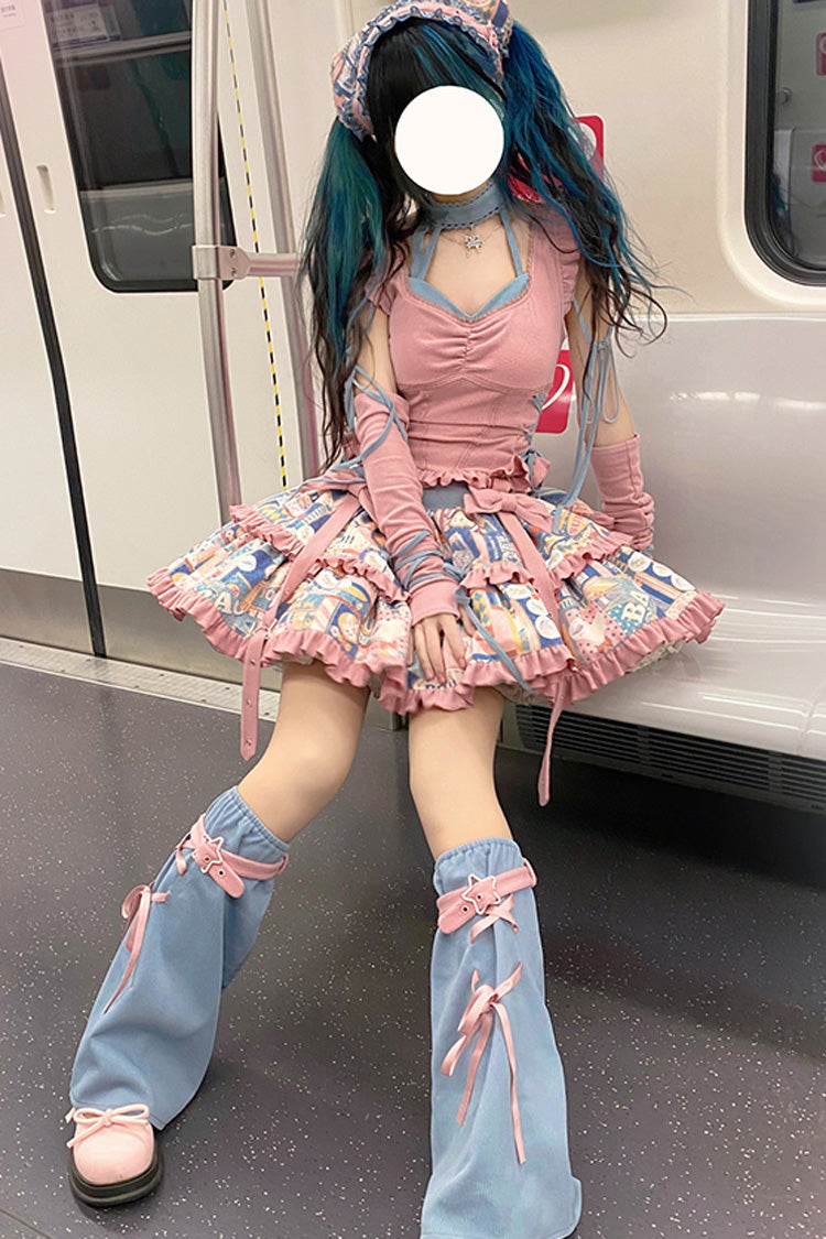 Pink Double-Layered Pop Advertising Paper Print Ruffle Bowknot Sweet Lolita Skirt Set - Pink - 1