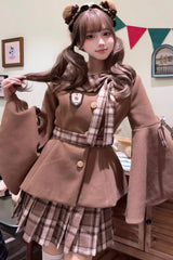 [Chestnut Sea Salt] Long Trumpet Sleeves Print Ruffle Bowknot Sweet Elegant Lolita Skirt Coat 2 Colors - Brown - 1