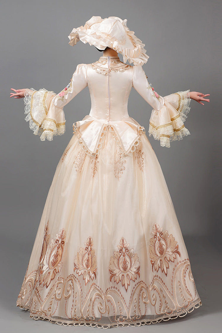 Champagne Court Style High Waisted Long Sleeves Floral Decorative Print Victorian Lolita Prom Dress - Product - 3