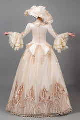 Champagne Court Style High Waisted Long Sleeves Floral Decorative Print Victorian Lolita Prom Dress - Product - 3