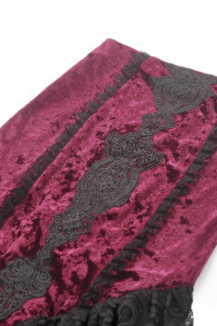 Black/Red Embroidered Velvet Spliced Lace Lace-Up Women's Gothic High/Low Maxi Skirt - Product - 15